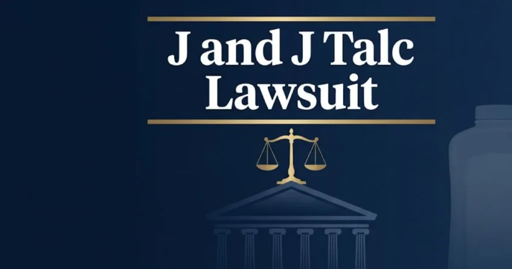 J and J talc lawsuit 2026 legal banner with courthouse and scales of justice imagery