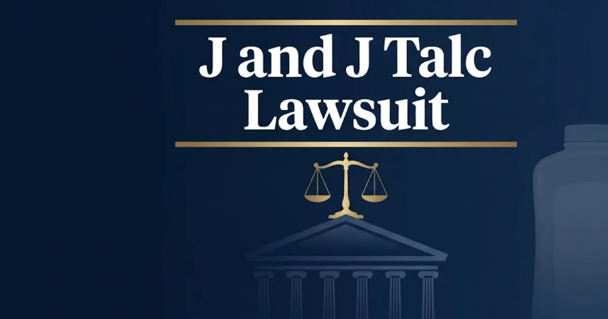 J and J talc lawsuit 2026 legal banner with courthouse and scales of justice imagery