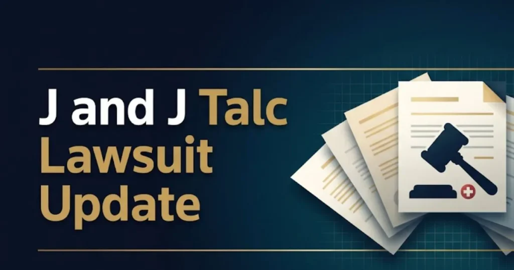 J and J talc lawsuit update graphic with legal documents and gavel illustration