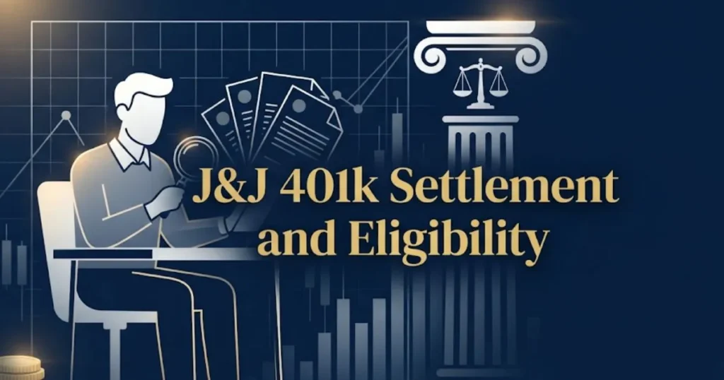 J&J 401k settlement and eligibility infographic with courthouse and retirement plan visuals