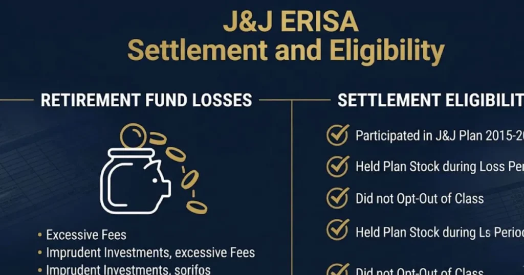 J&J ERISA settlement eligibility graphic showing retirement plan losses and checklist