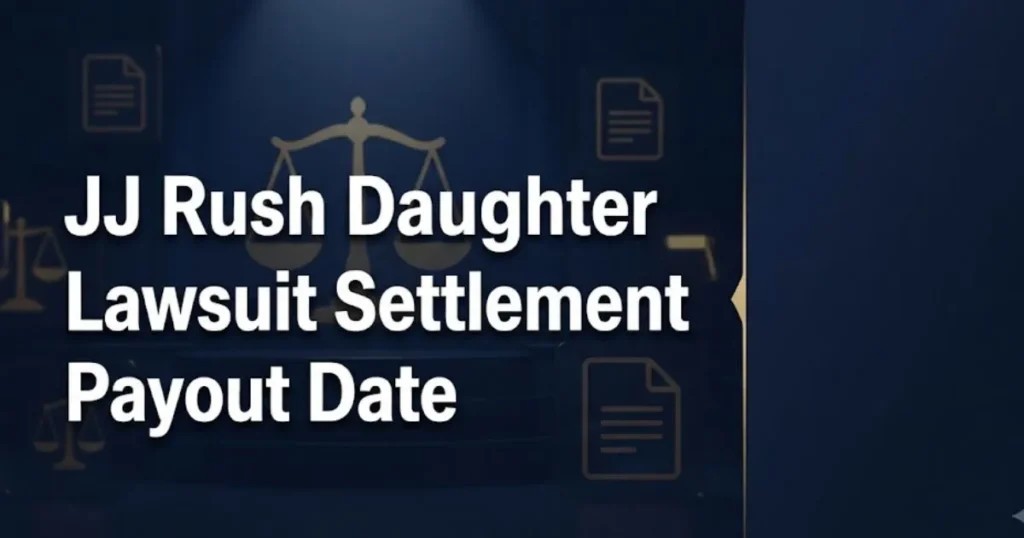 JJ Rush daughter lawsuit settlement payout date 2026 legal case overview banner with court scale icons