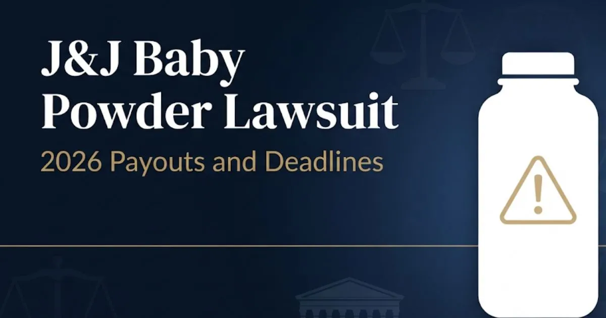J&J baby powder lawsuit 2026 hero banner with legal scales and powder bottle silhouette