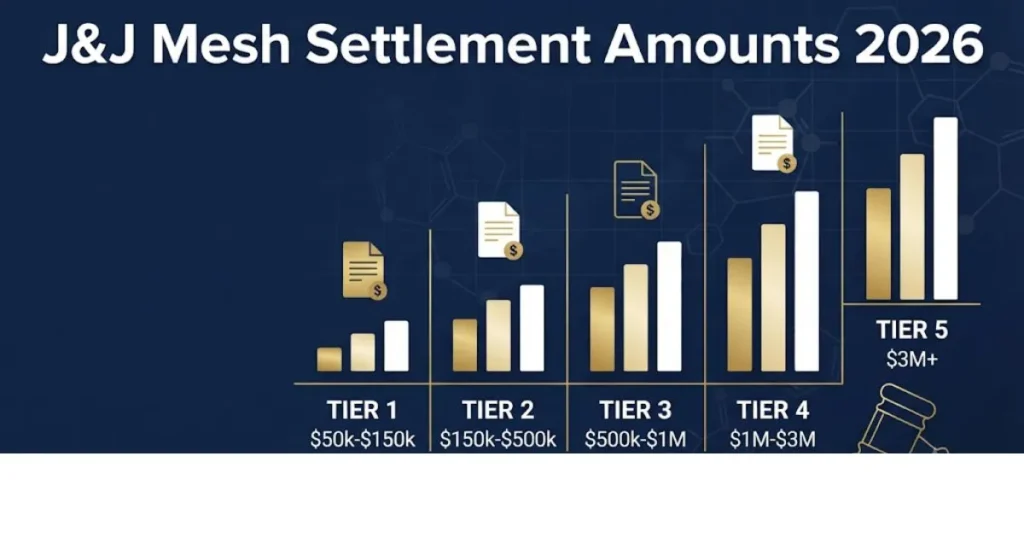 J&J mesh lawsuit settlement amounts 2026 infographic showing payout tiers with gold bar chart