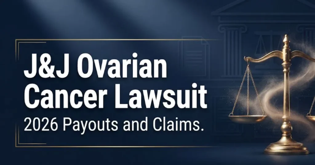 J&J ovarian cancer lawsuit 2026 hero banner with legal scales and headline text