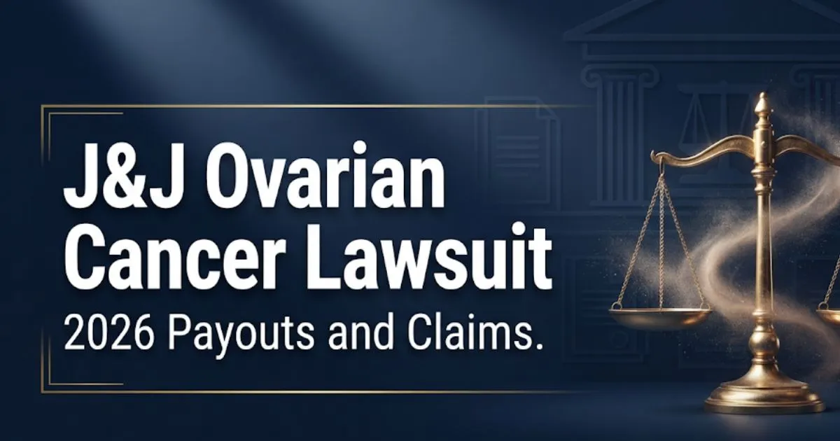 J&J ovarian cancer lawsuit 2026 hero banner with legal scales and headline text