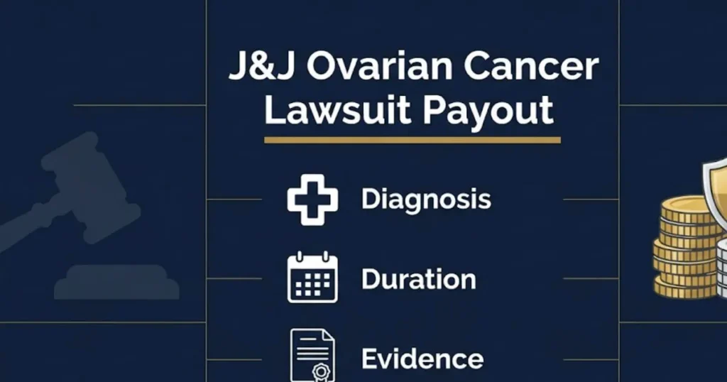 J&J ovarian cancer lawsuit payout infographic with settlement tiers and gavel icon