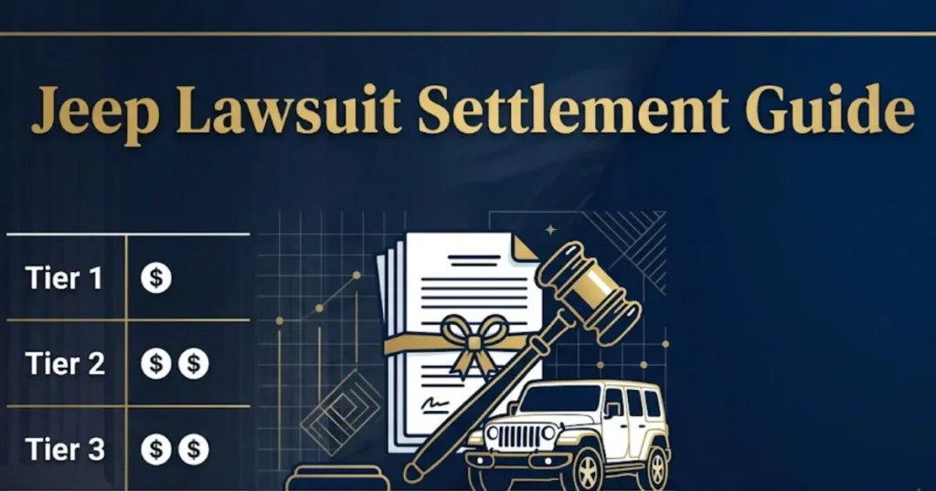 Jeep lawsuit settlement payout guide infographic with legal symbols