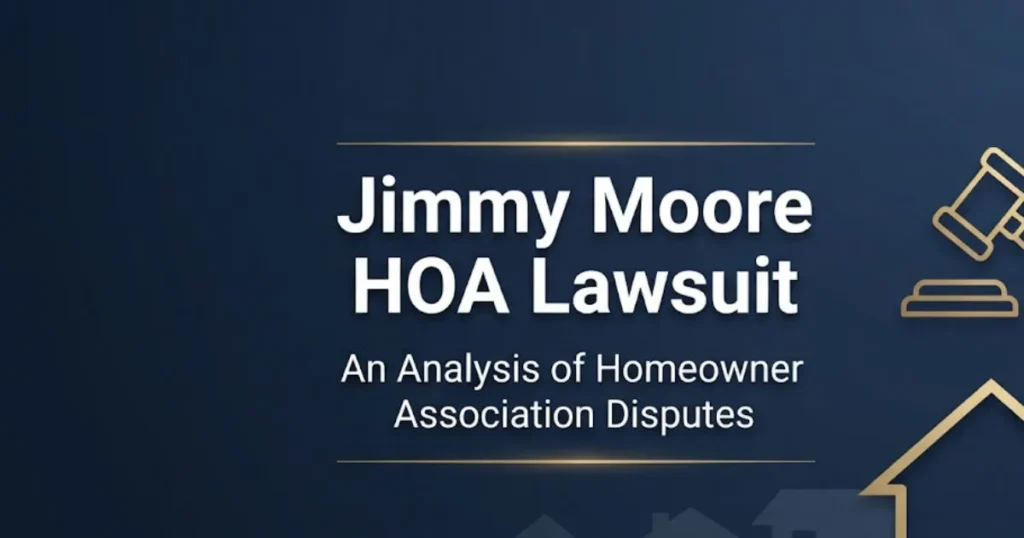 Jimmy Moore HOA Lawsuit 2026 guide banner with gavel icon and residential silhouette on navy background