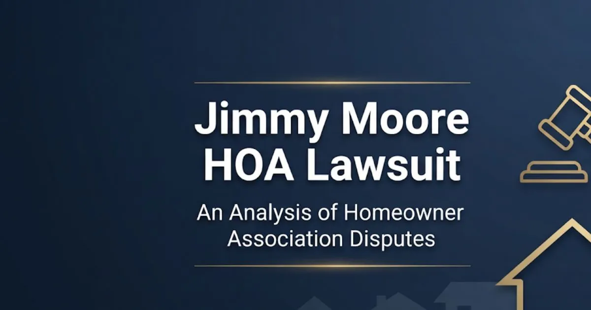 Jimmy Moore HOA Lawsuit 2026 guide banner with gavel icon and residential silhouette on navy background