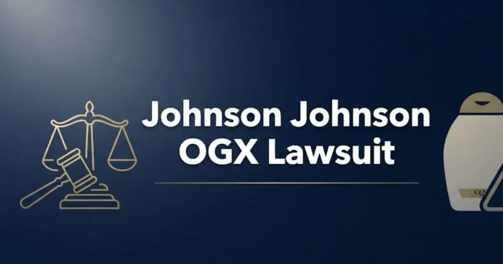 Johnson Johnson OGX lawsuit hero banner with legal symbols and shampoo bottle illustration