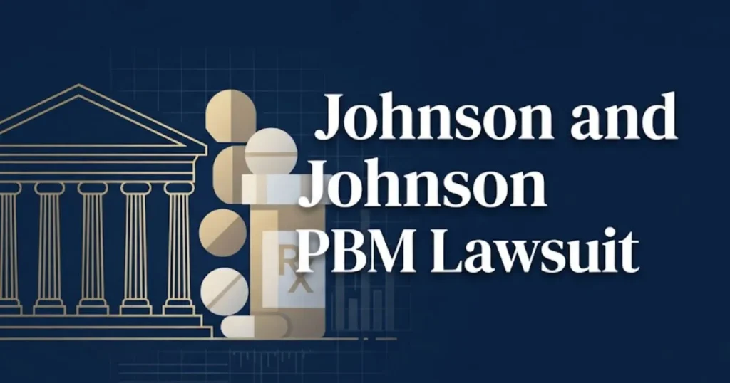 Johnson and Johnson PBM lawsuit hero banner with courthouse icon and pharmaceutical imagery