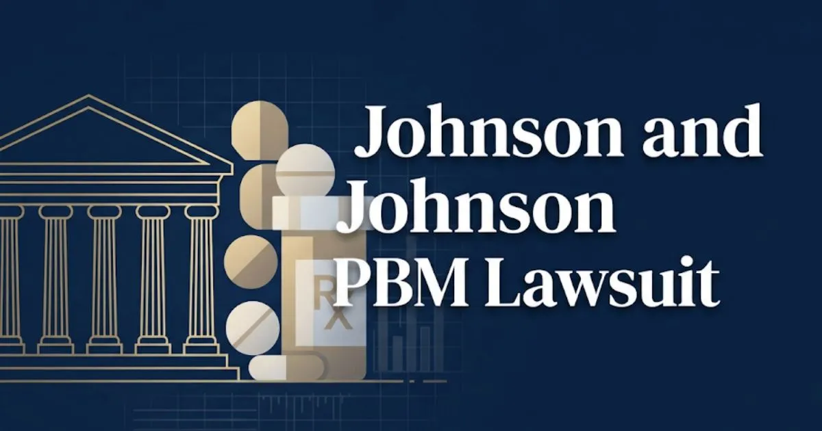 Johnson and Johnson PBM lawsuit hero banner with courthouse icon and pharmaceutical imagery