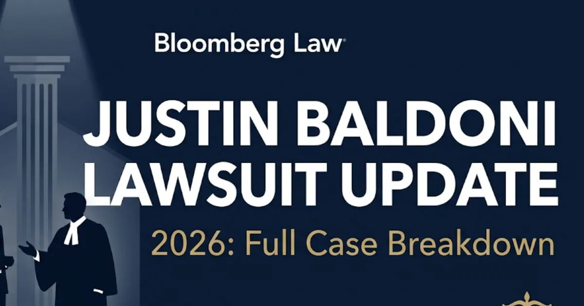 Justin Baldoni lawsuit update 2026 editorial banner with legal scales and courtroom silhouettes on navy background