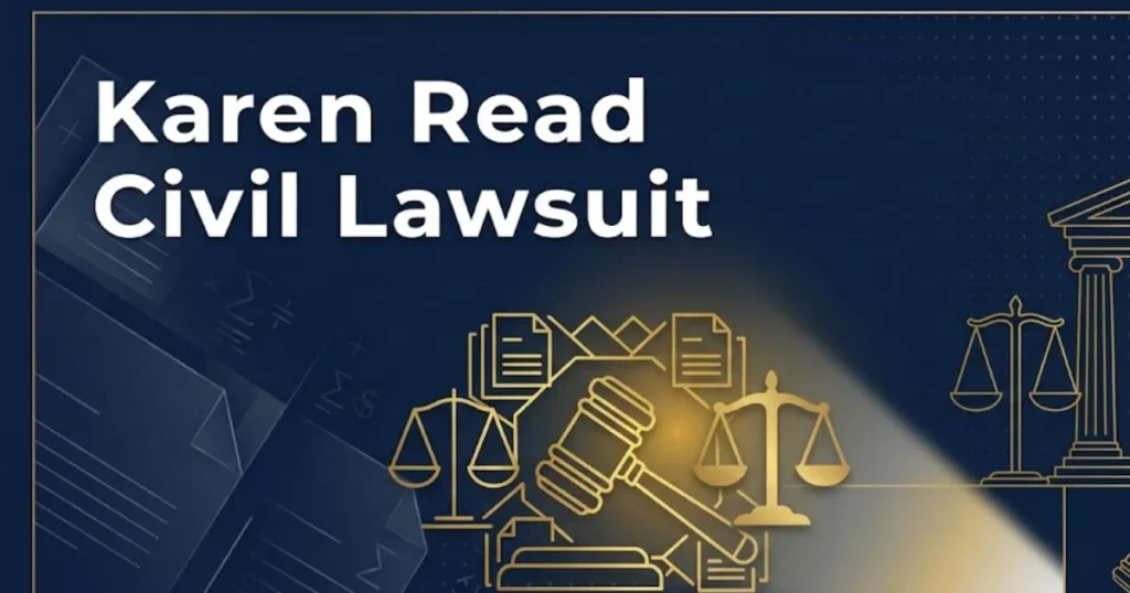 Karen read civil lawsuit 2026 legal update blog banner with courthouse and scales of justice