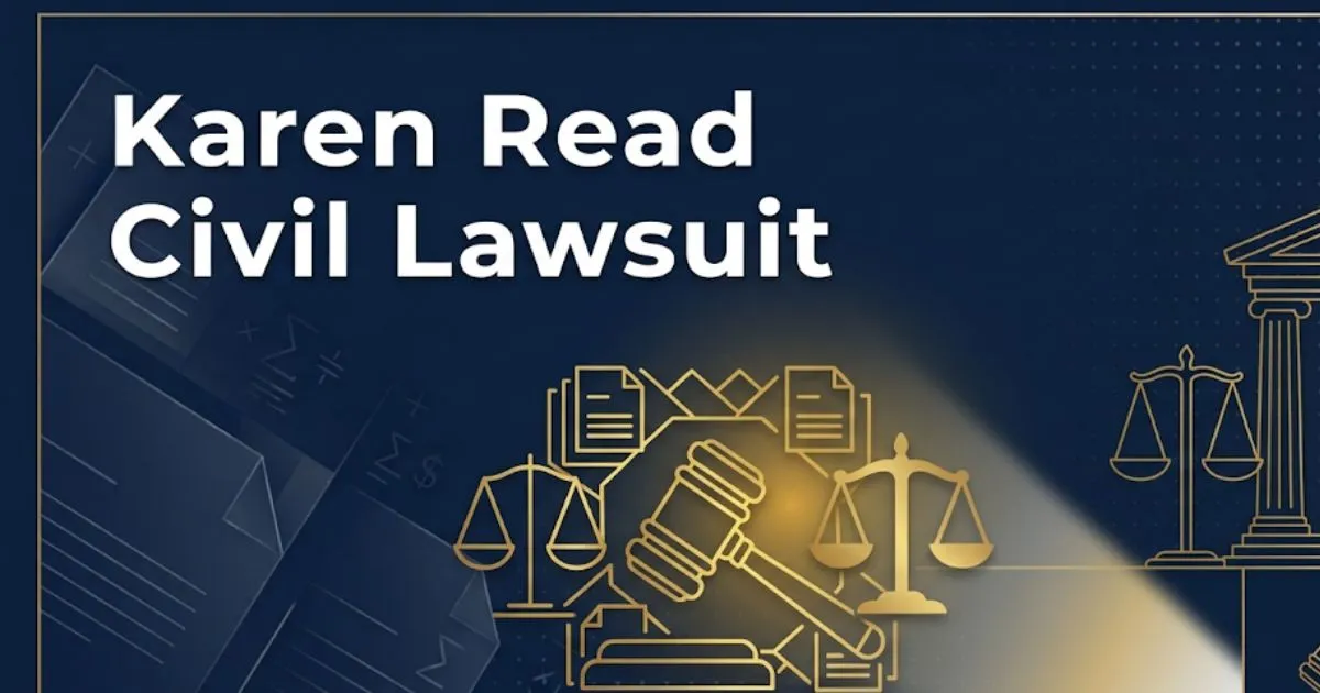 Karen read civil lawsuit 2026 legal update blog banner with courthouse and scales of justice
