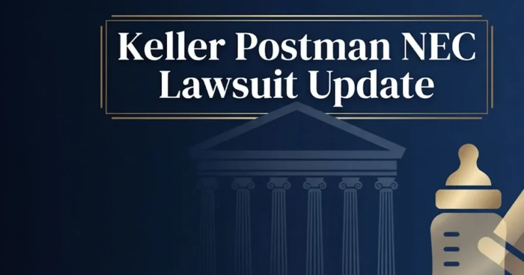 Keller Postman NEC lawsuit update 2026 hero banner with courthouse and legal icons