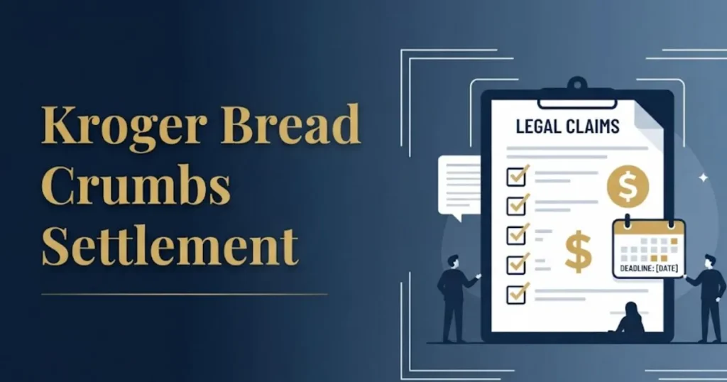 Kroger bread crumbs settlement claims form graphic with deadline calendar and payout icons