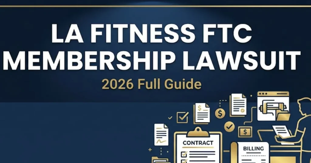 LA Fitness FTC membership lawsuit 2026 guide banner with legal billing imagery and navy gold design