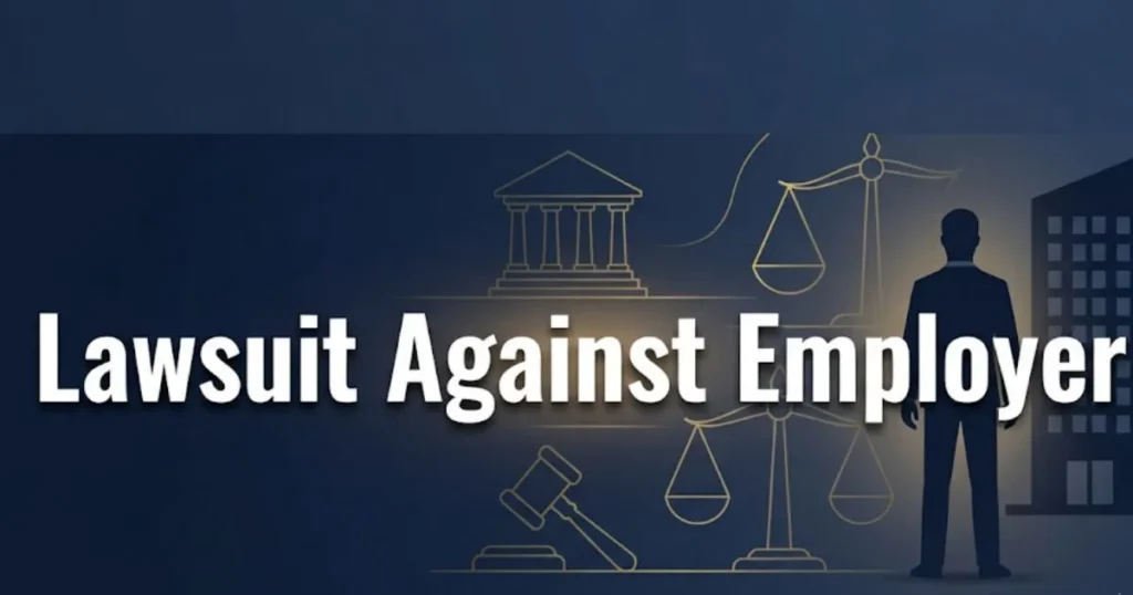 Lawsuit against employer 2026 legal guide banner with gavel and courthouse icons MAIN KEYWORD {{lawsuit against employer}} CLUSTER KEYWORDS {{file a lawsuit against employer can i file a law