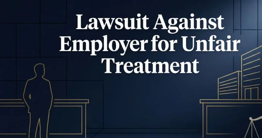 Lawsuit against employer for unfair treatment 2026 guide banner with scales of justice and worker silhouette