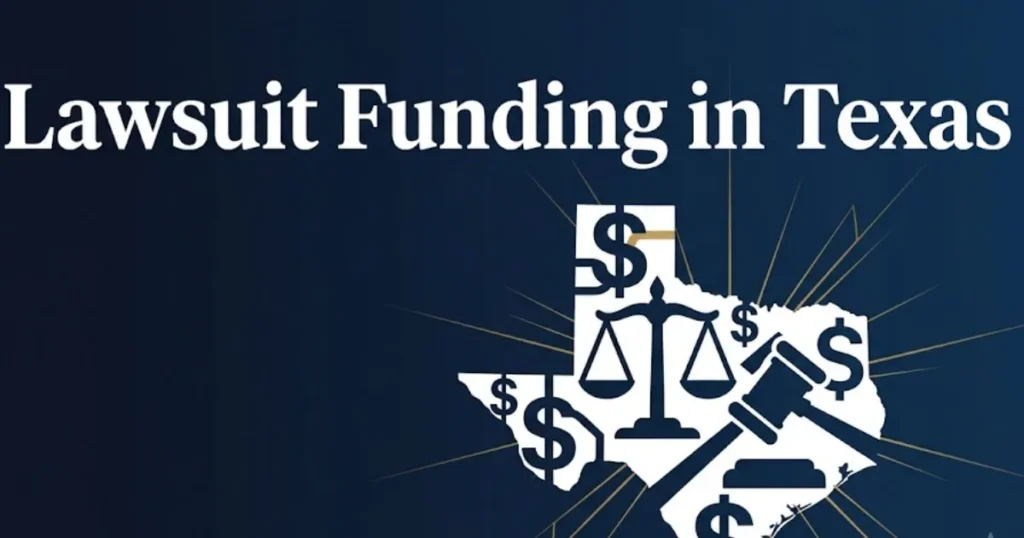 Lawsuit funding in Texas 2026 guide with legal scales and Texas state silhouette on navy background