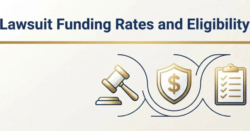 Lawsuit funding rates and eligibility infographic with gavel and financial icons