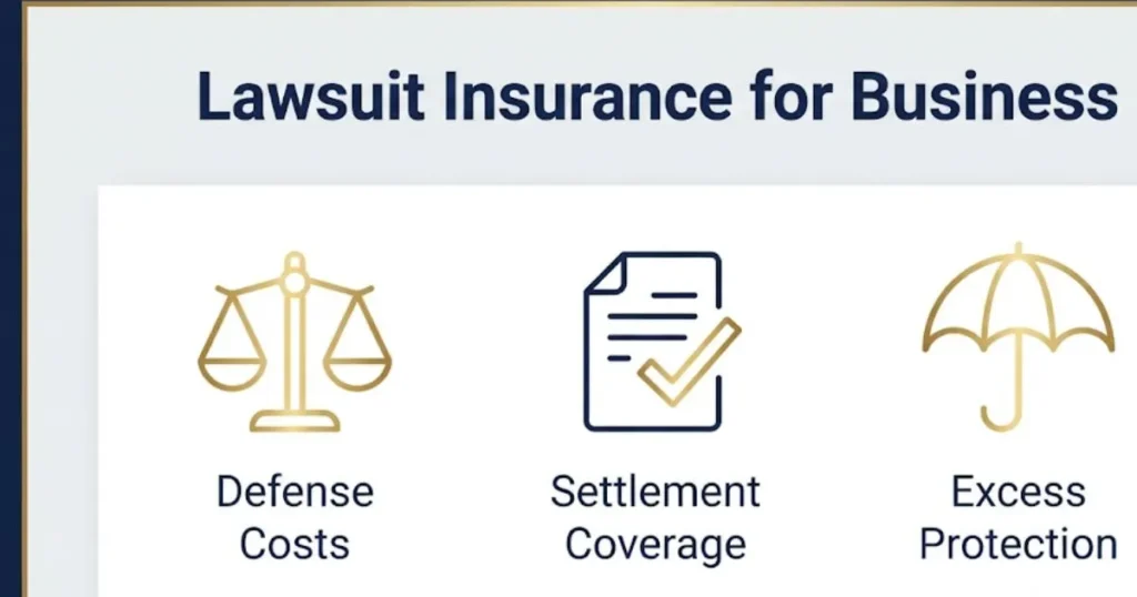 Lawsuit insurance for business infographic showing defense, settlement, and excess coverage