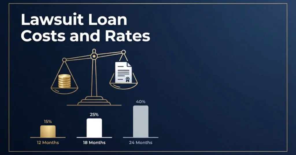 Lawsuit loan costs and interest rates comparison infographic with balance scale and bar chart