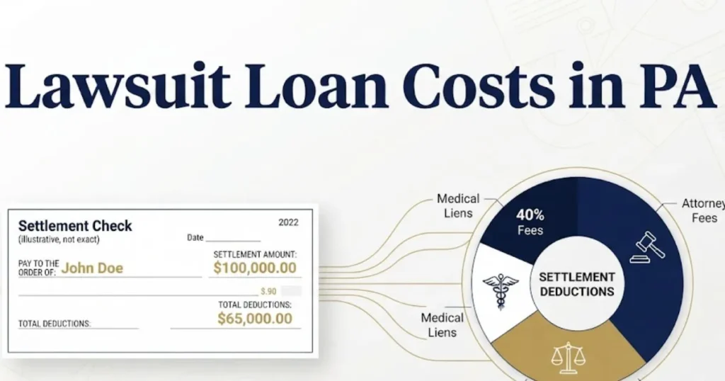 Lawsuit loan costs in Pennsylvania showing settlement deduction breakdown chart
