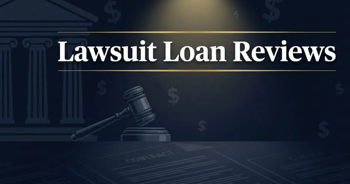 Lawsuit loan reviews 2026 banner with courthouse and gavel legal theme