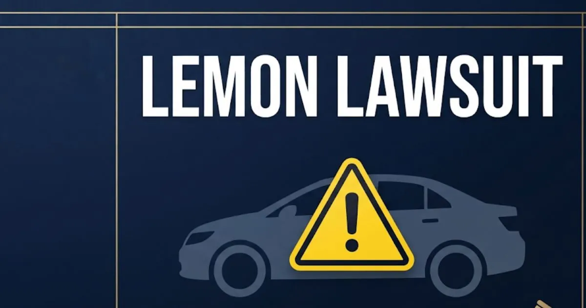 Lemon lawsuit 2026 hero banner with car silhouette and legal gavel icon