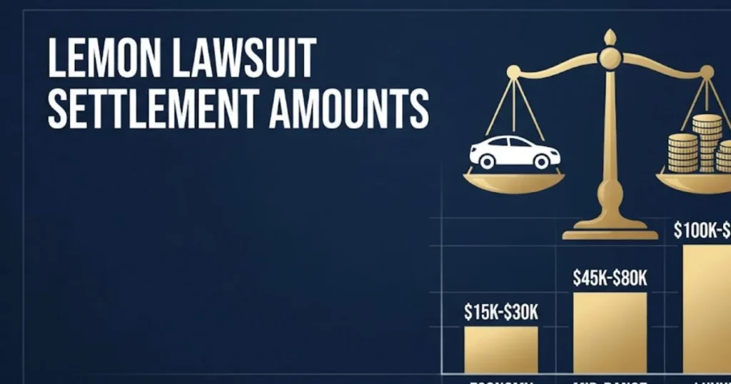 Lemon lawsuit settlement amounts infographic with scales of justice and payout chart