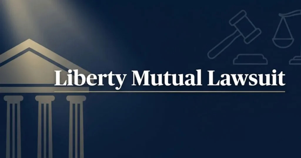 Liberty mutual lawsuit 2026 hero banner with courthouse silhouette and scales of justice on navy background