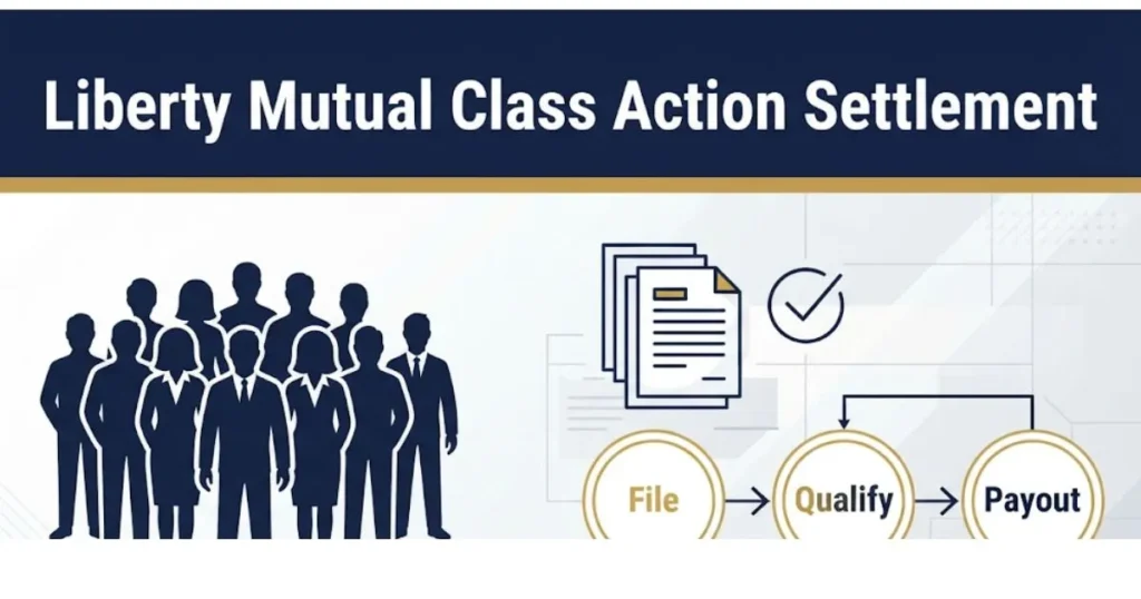 Liberty mutual lawsuit class action settlement infographic showing filing steps and payout process in 2026