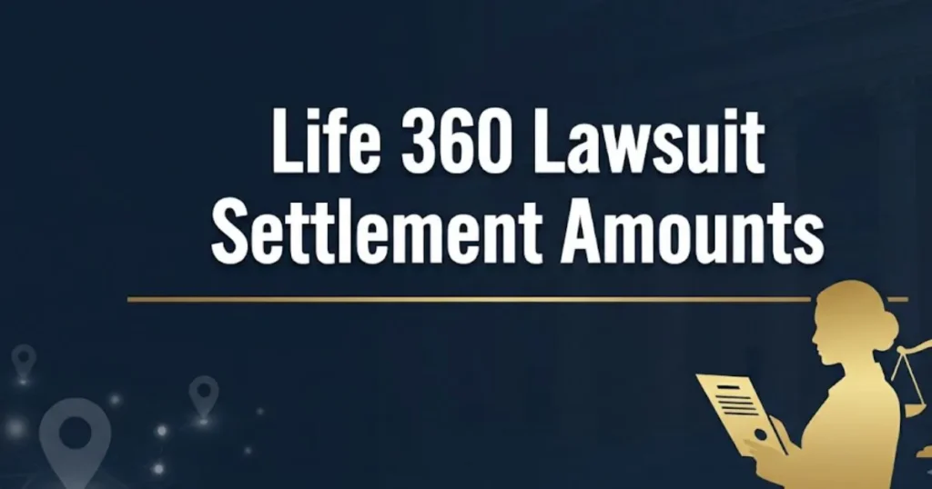 Life 360 lawsuit settlement amounts blog banner with legal scale and location tracking icons on navy background