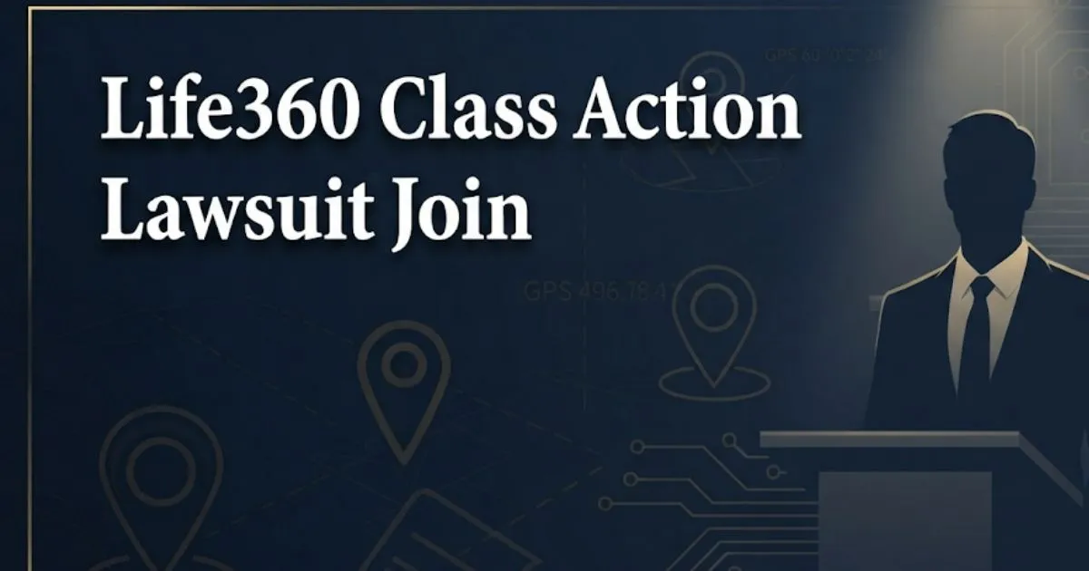 Life360 class action lawsuit join guide 2026 showing legal banner with GPS icons and courtroom silhouette imagery