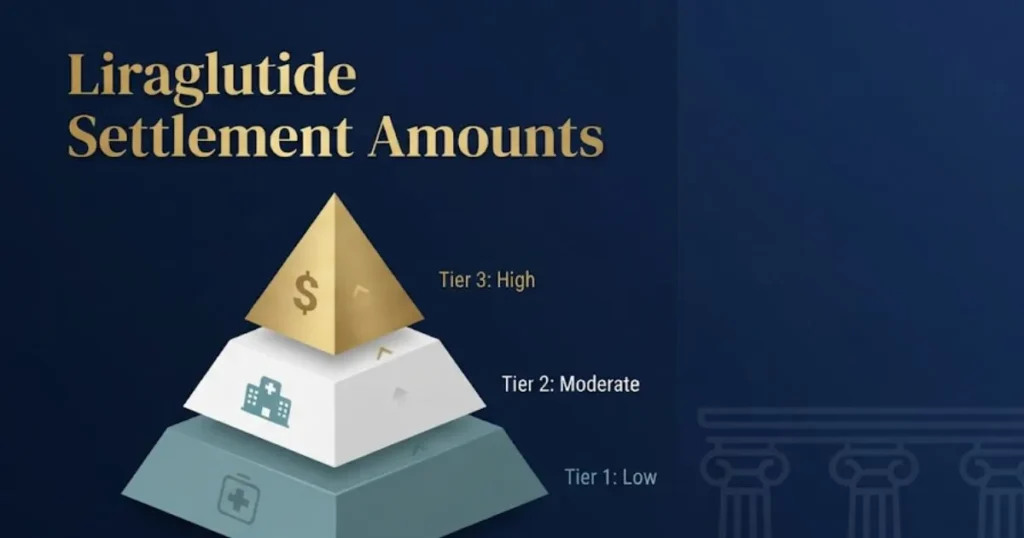 Liraglutide settlement amounts infographic showing payout tiers for lawsuit claims