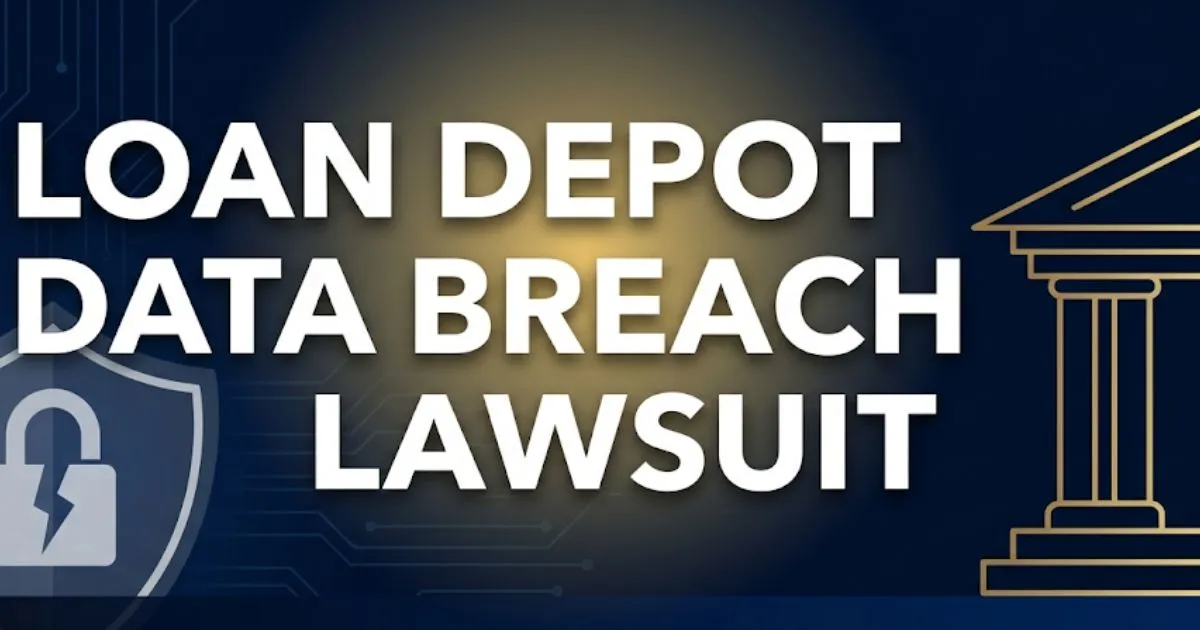 Loan depot data breach lawsuit 2026 settlement guide banner with courthouse and broken lock icon on navy background