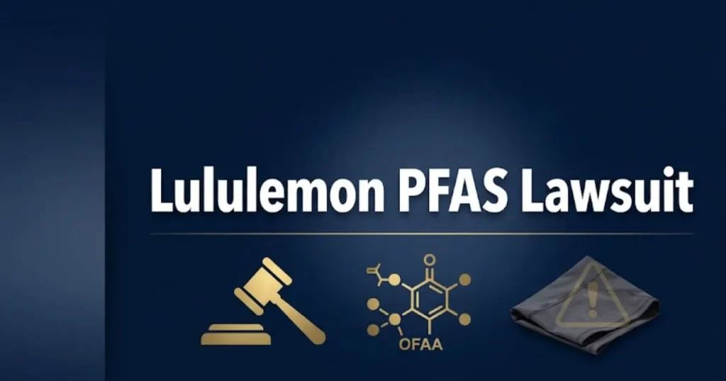 Lululemon PFAS lawsuit 2026 hero banner with legal icons and chemical structure graphic
