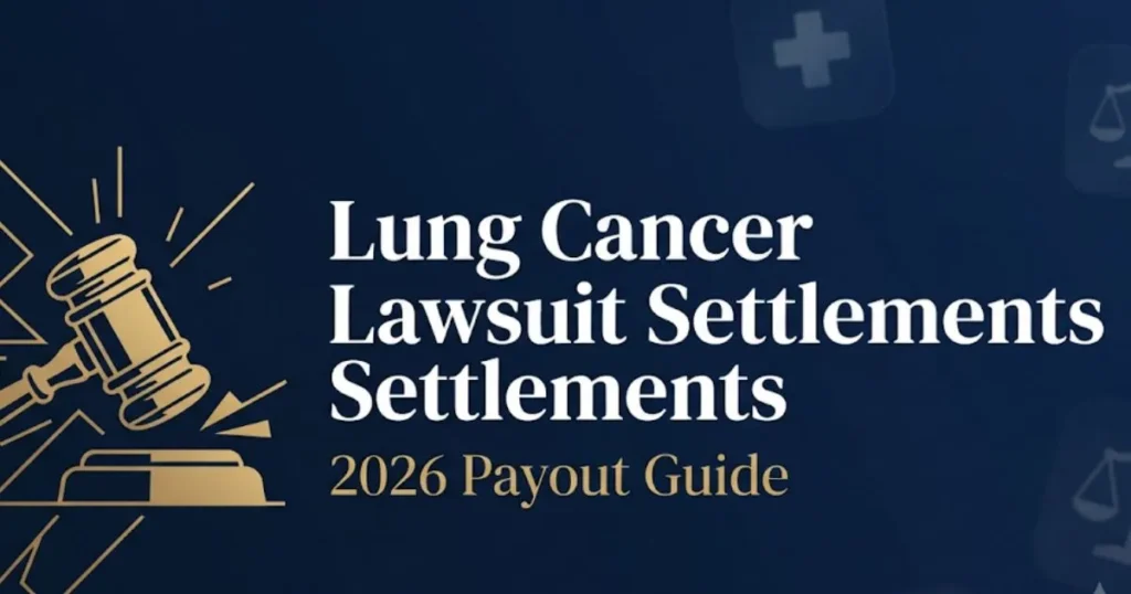 Lung cancer lawsuit settlements 2026 payout guide with legal gavel and scales of justice graphic