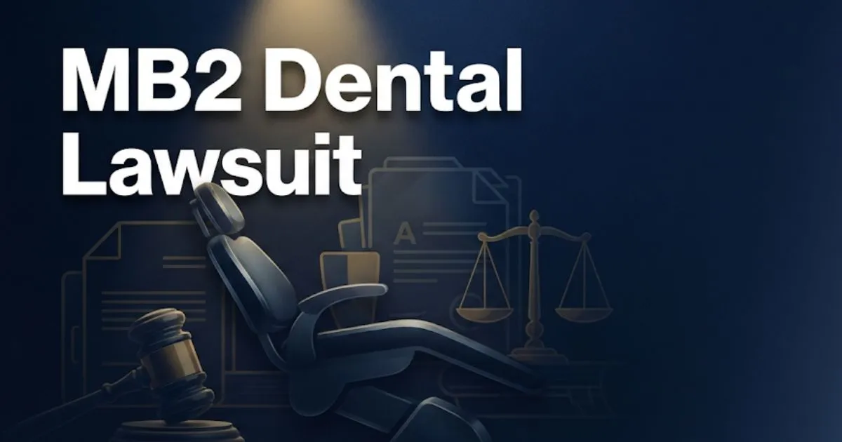 MB2 Dental Lawsuit 2026 hero banner with legal symbols and dental imagery