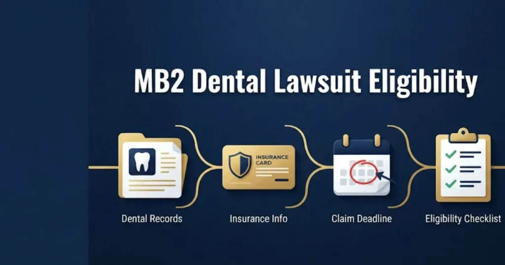 MB2 Dental Lawsuit eligibility infographic with icons and checklist design