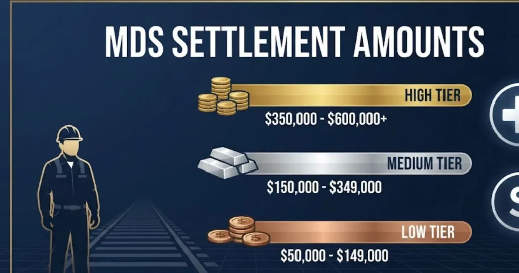 MDS settlement amounts infographic with railroad worker silhouette and payout tiers in navy design