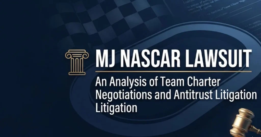 MJ NASCAR lawsuit 2026 legal case breakdown banner with courthouse and racetrack icons on navy background
