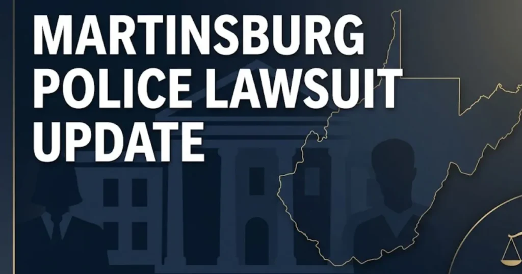 Martinsburg police lawsuit update 2026 editorial banner with courthouse silhouette and scales of justice on navy background