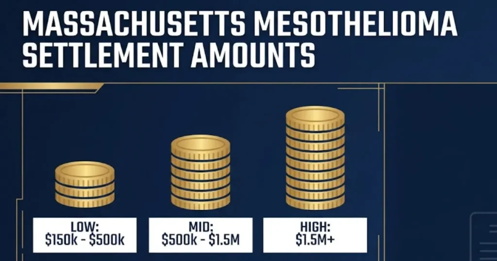 Massachusetts mesothelioma settlement amounts infographic with compensation tiers