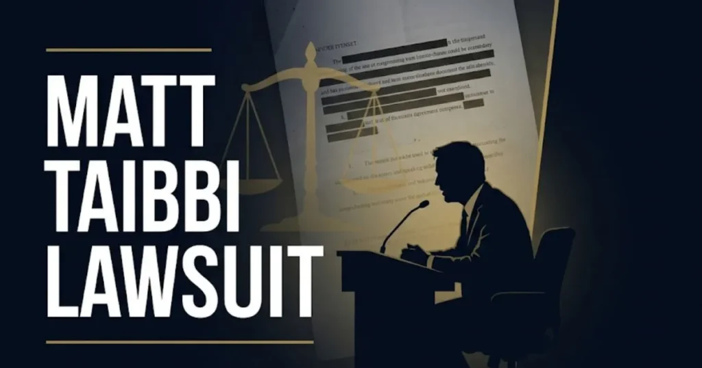 Matt Taibbi Lawsuit 2026 legal breakdown banner with scales of justice and congressional testimony silhouette