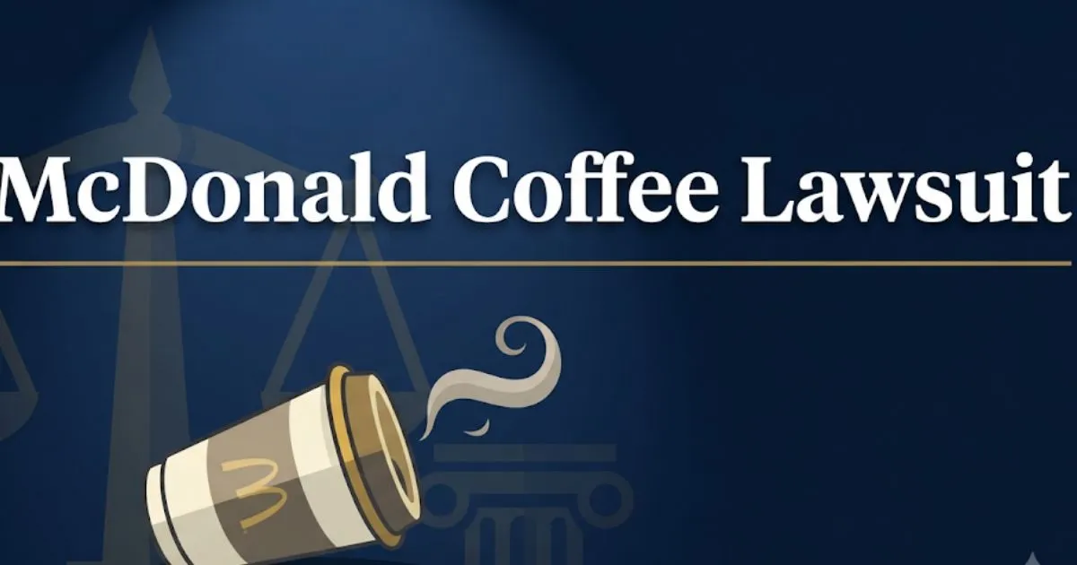 McDonald coffee lawsuit hero banner with coffee cup and legal symbols on navy background