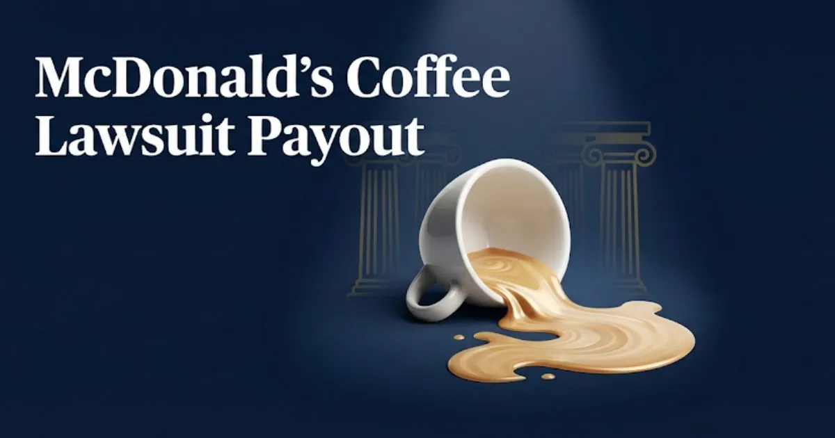 McDonald's coffee lawsuit payout hero banner with tipped coffee cup and legal courthouse background
